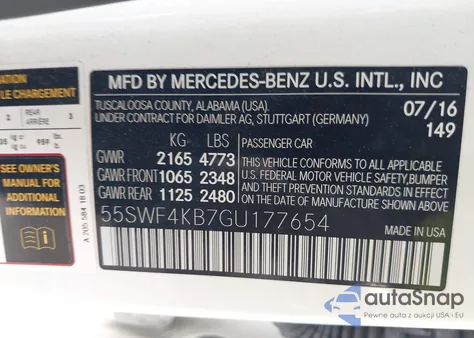 2016 Mercedes-Benz C 300 4Matic/Luxury 4Matic/Sport 4Matic from USA, damaged, VIN 55SWF4KB7GU177654